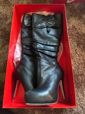 Valentina Black Slouchy Knee-High Platform Stiletto Boots